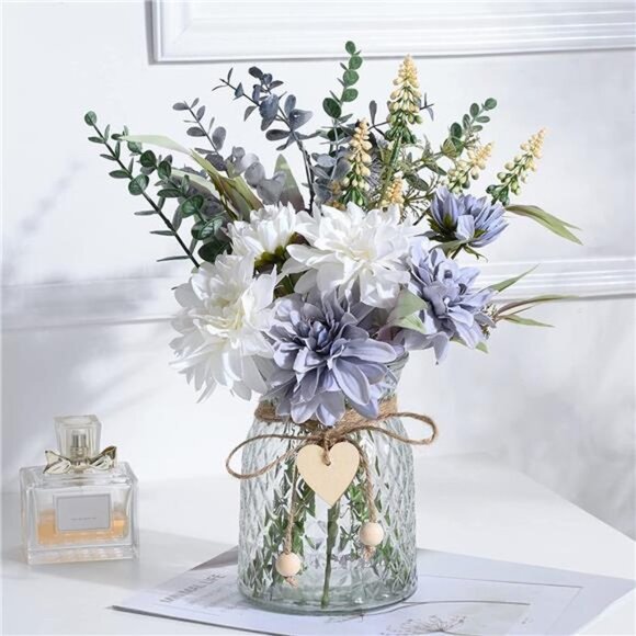 Fake Flowers Artificial Blue Flowers with Vase, Table Centerpieces for Dining